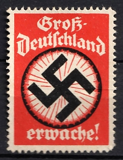 1933-1945 'Great Germany, Awaken!', Large Swastika, Third Reich Nazi Germany Propaganda Label Stamp