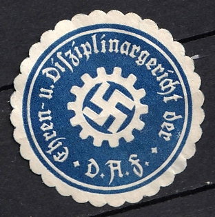 1933-1945 'Disciplinary Court of the D.a.s.', Large Swastika, Third Reich Nazi Germany Propaganda Label Stamp