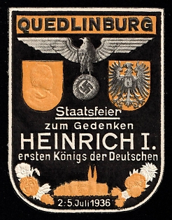 1936 'Quedlinburg State Celebration in Commemoration of Henry I, First King of the Germans', Swastika, Third Reich Nazi Germany Propaganda Label Stamp