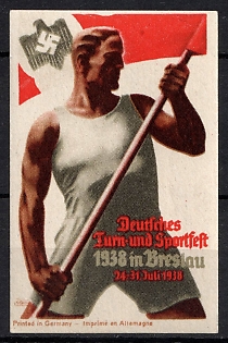 1938 'German Gymnastics and Sports Festival 1938 in Breslau', Swastika, Third Reich Nazi Germany Propaganda Label Stamp