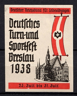 1938 'German Reich Association for Physical Exercise', Swastika, Third Reich Nazi Germany Propaganda Label Stamp