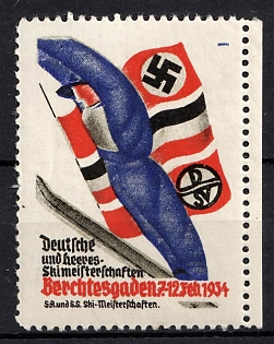 1934 'German and Army Ski Championships in Berchtesgaden', Swastika, Third Reich Nazi Germany Propaganda Label Stamp