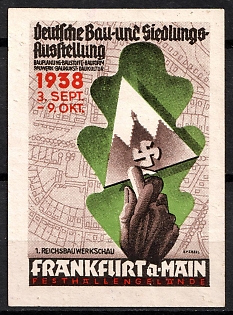 1938 'German Building and Settlement Exhibition. Building Planning Building Materials Building form Sauwerk Architecture Architectural Culture', Swastika, Third Reich Nazi Germany Propaganda Label Stamp