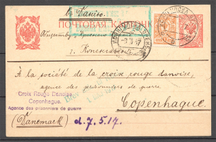 1917 WWI Russia Postcard Prisoners of War Censorship (Isyangulovo - Copenhagen)