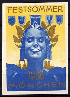 1938 'Festive Summer Munich', Swastika, Third Reich Nazi Germany Propaganda Label Stamp