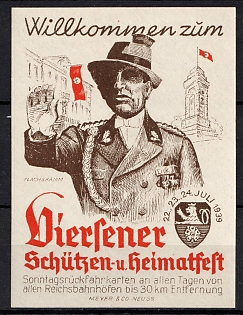 1939 'Welcome to the Viersen Riflemen's and Homeland Festival. Sunday Return Tickets Every Day from all Reichsbahn Stations Within 30 Km', Swastika, Third Reich Nazi Germany Propaganda Label Stamp