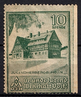 1933-1945 'Molin Youth Hospital. Found Youth, Defensive People!', Swastika, Third Reich Nazi Germany Propaganda Label Stamp