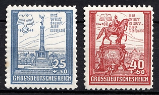 1945 'The World Looks to Berlin, Great German Empire', Swastika, Third Reich Nazi Germany Propaganda Label Stamp