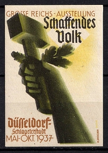 1937 'Great Reich Exhibition Creative People, Dusseldorf, Schlageterstadt, May-Oct. 1937', Third Reich Nazi Germany Propaganda Label Stamp