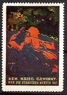 1933-1945 'The War Wins by Who Has the Strongest Nerves', WWII German Army Military, Third Reich Nazi Germany Propaganda Label Stamp
