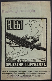 1933-1945 'German Air Hansa Flying', Airplane, Third Reich Nazi Germany Propaganda Label Stamp