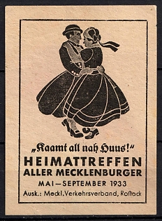1933 ''Come Home!' Hometown Reunion of all Mecklenburgers', Third Reich Nazi Germany Propaganda Label Stamp