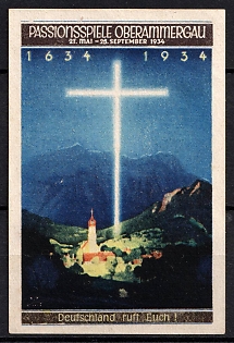 1934 'Passion Play Oberammergau Germany Calls You', Third Reich Nazi Germany Propaganda Label Stamp