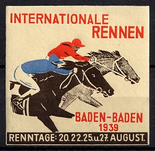 1939 'International Races Baden-Baden 1939', Third Reich Nazi Germany Propaganda Label Stamp