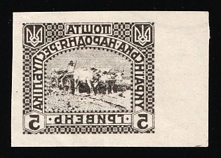 1920 5hrn Ukrainian People's Republic, Ukraine (Black and White Proof on map, 'MIRRORED Denomination', Margin, Rare)