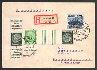 1940 (21 Jan) Third Reich, Germany, Registered Cover from Hamburg via Pegnitz to Neuzirkendorf franked with Se-tenants of Hindenburg Issue and 25pf