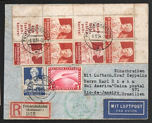 1934 (8 Dec) Third Reich, Germany, Graf Zeppelin Airship Registered Airmail Cover from Friedrichshafen to Rio de Janeiro (Brazil) franked with Se-tenants and 25pf, 1m (Cormer Margin)