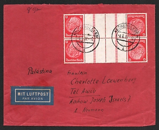 1937 (8 Jul) Third Reich, Germany, Airmail Cover from Aschersleben to Tel Aviv (Israel) franked with Gutter Tete-beches Se-tenants of Hindenburg Issue