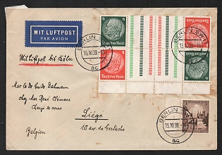 1938 (15 Oct) Third Reich, Germany, Airmail Cover from Berlin to Liege (Belgium) franked with Gutter Tete-beches Se-tenants of Hindenburg Issue and 3pf (Margin)