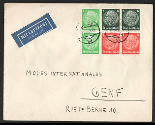 1939 (9 Aug) Third Reich, Germany, Airmail Cover used in Geneva (Switzerland) franked with Se-tenants of Hindenburg Issue