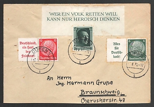 1937 Third Reich, Germany, Cover from Duren to Braunschweig franked with Se-tenants of Hindenburg Issue and 6pf