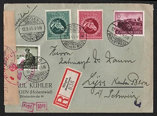 1945 (12 Feb) Third Reich, Germany, Censored Registered Cover from Singen to Lyss (Switzerland) franked with 6pf, 12pf, 15pf, 30pf
