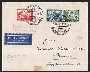 1934 (26 Mar) Third Reich, Germany, Airmail Cover from Leipzig to Dusseldorf franked with Se-tenant of Wagner Issue and 12pf (Special Cancellations)
