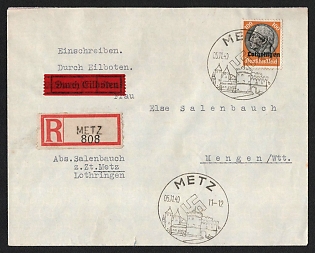 1940 (5 Nov) Germany, German Occupation of Lorraine, Durch Eilboten Express Mail Registered Cover from Metz to Mengen (Commemorative Postmarks)