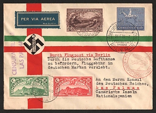 1939 (30 Jun) San Marino, Italy Fascist Propaganda, Censorship Airship Airmail Cover via Rome Railway (Italy) and Berlin 'German Lufthansa' to Las Palmas (Spain) franked with 25pf, 50c, 80c, 2.50l