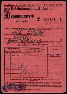 1944-45 Household Ration Booklet with Meat, Fish & Poultry Coupons, Berlin, Third Reich, Nazi Germany