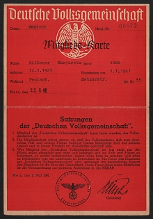 1941 Membership card of the German National Community, Third Reich, Nazi Germany
