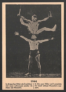 1944 Allied Anti-Germany Propaganda, 'In this Year Hitler Can't Complete His 'Stunt' Without Mussolini's Support', WWII Caricature