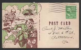 1945 United States, Anti-Germany Propaganda, 'Hitler Runs Away from a Soldier', WWII Caricature