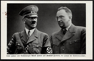 1938 'Our Leader and Chancellor Adolf Hitler and Konrad Henlein, the Leader of the Sudeten Germans', Nazi Propaganda Postcard