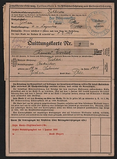 1939 Disability insurance, Receipt card for compulsory and continued insurance, Third Reich, Nazi Germany