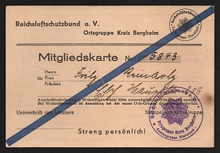 1935 Membership card of the Reich Air Protection Association (RLB), Bergheim District Local Group, Third Reich, Nazi Germany