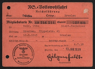 1938 Membership Card of National Socialist People's Charity, Weimar Republic, Germany