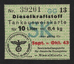 Diesel fuel refueling permit card, Chemical Products Rationing Office - Oil Station, General Government, Nazi Germany