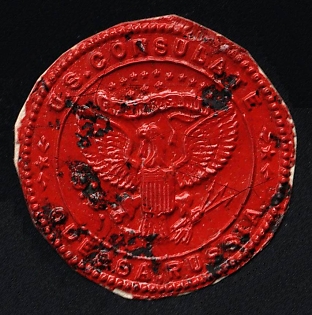 United States Consulate in Odessa, Mail Seal Label on piece, Russian Empire Cinderella, Ukraine