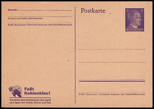 1943-44 6pf 'Catch Coal Thief' Kohlenklau, Third Reich, Germany, Postal Stationery Postcard of Hitler Issue
