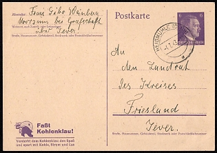 1943 (4 Jul) 'Catch Coal Thief' Kohlenklau, Third Reich, Germany, Postal Stationery Postcard of Hitler Issue from Heidmuhle to Friesland (Netherlands)