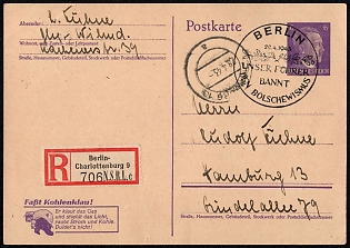 1943 (28 Apr) 'Catch Coal Thief' Kohlenklau, Third Reich, Germany, Registered Postal Stationery Postcard of Hitler Issue from Berlin-Charlottenburg to Hamburg (Special Cancellation)