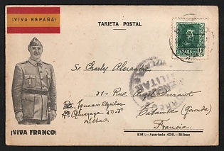 1938 Spain, Dictator Franco Propaganda, 'Long Live Spain! Long Live Franco!', Military Censorship Propaganda Postcard from Bilbao to Gironde (France) franked with 15c