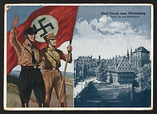 1934 'Greetings from Nuremberg. Party at the Maxbrucke' Nazi Propaganda Postcard