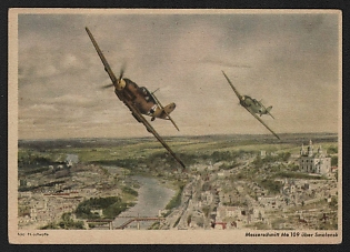 1943 'Messerschmitt Me 109 Over Smolensk' Airplane Nazi Propaganda Postcard