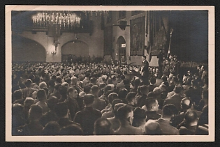 1943 'The Fuhrer Speaks in the Lowenbraukeller in Munich on November 9th' Adolf Hitler Nazi Propaganda Postcard