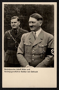1933-1945 'Reich Chancellor Adolf Hitler and Reich Youth Leader Baldur Von Schirach' Adolf Hitler Nazi Propaganda Postcard