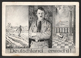 1933-1945 'Germany Awakens!' Adolf Hitler Nazi Propaganda Postcard