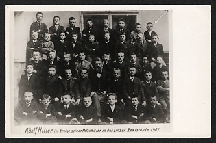 1933-1945 'Adolf Hitler Surrounded by His Classmates at the Linz High School in 1901' Adolf Hitler Nazi Propaganda Postcard