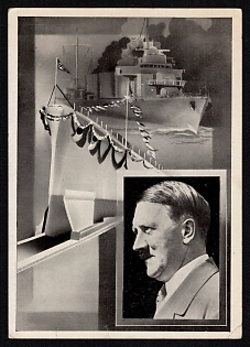 1939 'The Launching of the Largest German Warship of Our Revived Navy' Adolf Hitler Nazi Propaganda Postcard